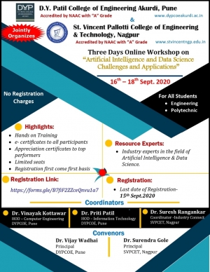 3 Days Online Free Hands on Workshop on “Artificial Intelligence and Data Science: Challenges and Applications&quot; : 16th -18th Sept 2020
